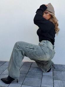 Jeta Ari Stitching Loose Fit Jeans, Spring 90's Y2k Casual Cute Espresso Western Concert Festival Fall Autumn Winter Nashville Fall Autumn Back To School Office Work Thanksgiving Chic - Mustard Yellow - View 5