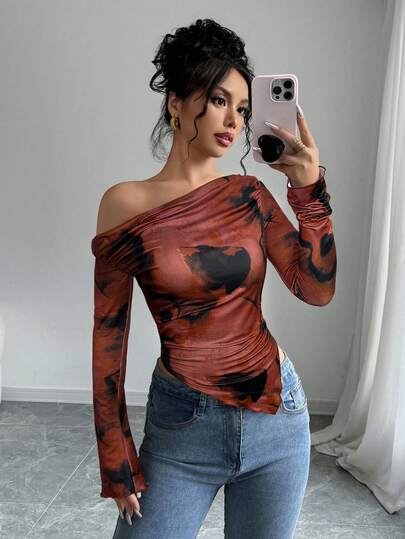 Firerie Dammode Asymmetrisk fåll Sned axel Tryckt Långärmad T-shirt