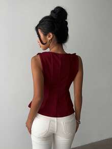 Aloruh 女士优雅无袖通勤衬衫，简约设计 - 酒紅色 - 查看 2