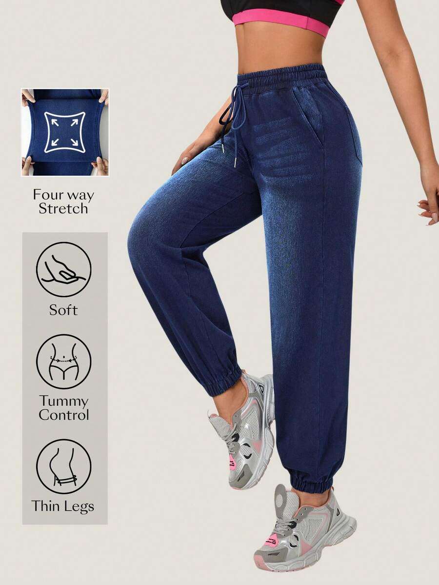 Flexra 女士松紧腰宽松舒适抽绳九分牛仔裤 - 深色水洗藍 - 查看 1