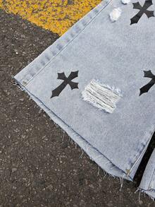 Quần short denim xanh rách họa tiết chữ thập dành cho thiếu niên nam - Màu xanh lam - Xem 4