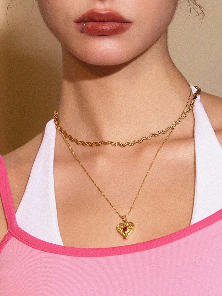 Glisma Colares de Corrente Femininos, Conjuntos, Dinheiro Antigo, Metálico/Textura, Pedra Preciosa, Para Mãe/Mulher/Menina/Mãe, Premium, Vintage, Elegante, Coração, Dia dos Namorados, Presente - Dourado - Visão 1