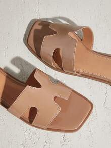 SHUZIA 女士镂空 H 型带露趾平底 PU 拖鞋 - 百搭且舒适