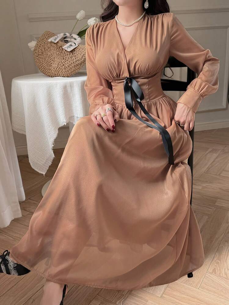 Women's Elegant Contrast Color Tie Ruched V-Neck Puff Sleeve Dress, Spring/Summer Wedding Guest Dress Maxi Dress Sundress