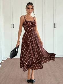 Siren Gaze 女士优雅波点印花开衩吊带中长连衣裙，夏季 - 棕色 - 查看 3