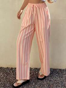 DAZY Women Striped Loose Waist Tie Pajama Pants - Pink - View 4