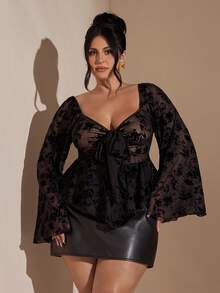 SHEIN BAE Plus Size Women's Black Long Sleeve Flared Sleeve Tie Front Top, Flocked Elegant Blouse,Birthday Party,Elegant Top,Winter For Women, Summer,Cozy Fall And Winter For Women,Halloween Costume, Christmas For Women,New Year,Thanksgiving Top - Black - View 2