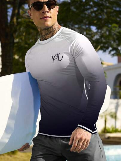 Manfinity Swimmode Men's Crew Neck Raglan Sleeve Ombre Casual Comfortable Breathable Long Sleeve Surf T-Shirt