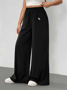 SHEIN Tall 女士休闲度假阔腿裤，饰有刺绣小马图案，适合夏季度假，黑色裤子 - 黑色 - 查看 1