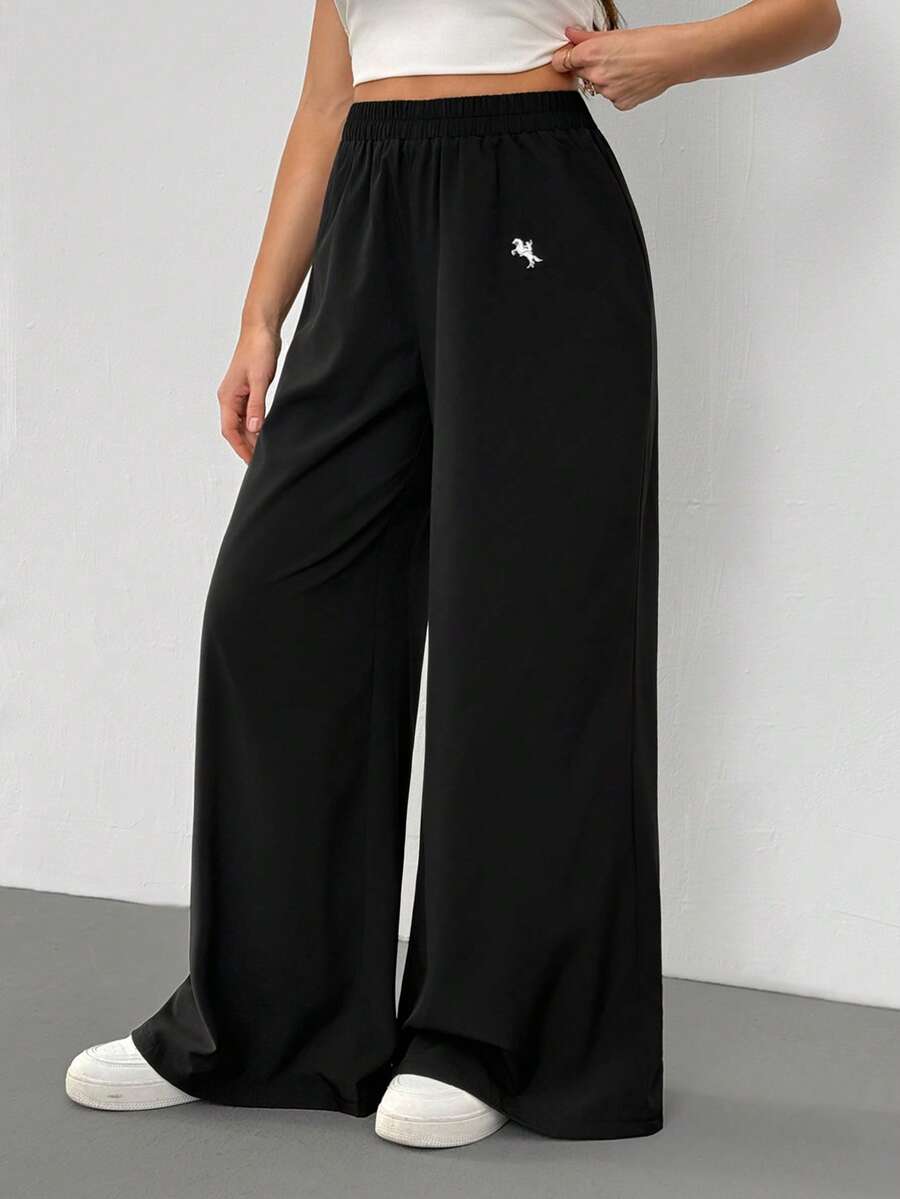 SHEIN Tall 女士休闲度假阔腿裤，饰有刺绣小马图案，适合夏季度假，黑色裤子 - 黑色 - 查看 1