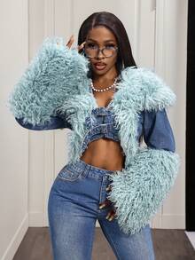 Slaydiva 女士时尚街头风拼接人造毛皮纽扣牛仔毛皮外套 - 藍色 - 查看 4
