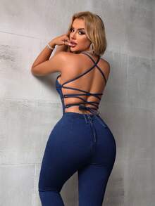 SHEIN SXY Slim-Fit Spaghetti Strap Criss-Cross Back Casual Denim Jumpsuit - Dark Wash - View 5