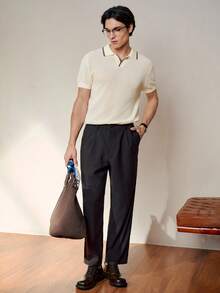 RONVEXI 男士休闲日常通勤简约百搭撞色滚边 Polo 领短袖针织衫，适合度假穿着；百搭男士针织衬衫；男士纽扣 Polo 衫；奶油色男士上衣；男士 Polo 衫；男士针织 Polo 衫；男士 Polo 衫；男士高尔夫球衫 - 杏色 - 查看 5