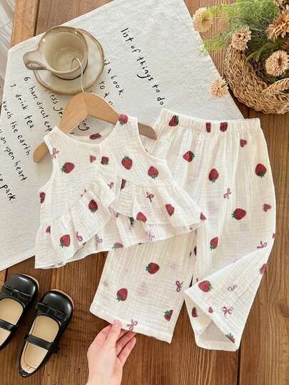 LMoss Kids 2pcs Baby Girl Cherry Print Woven Vest And Pants Set