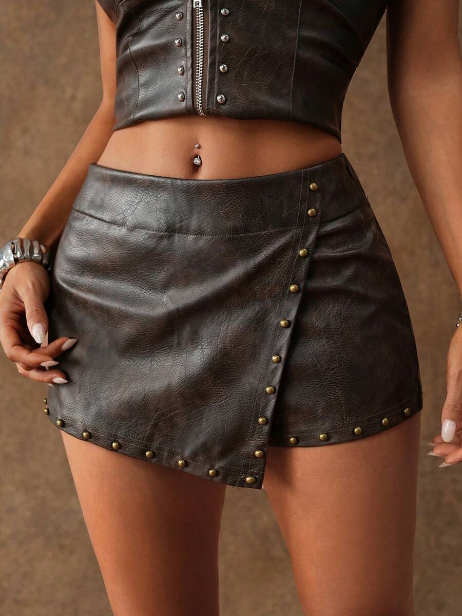 SHEIN ICON 女士不对称下摆时尚性感短裤 - 棕色 - 查看 1