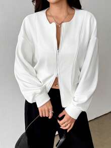 Zielony 女士休闲圆领双拉链前开襟卫衣 - 白色 - 查看 3