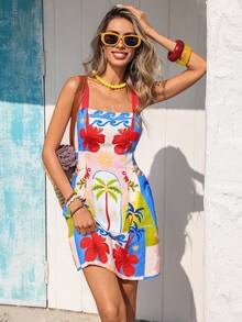 Vivid Eden 女士方领彩色修身迷你连衣裙 - 紅色 - 查看 6