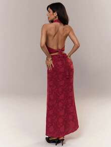 Aloruh 女士深V领露背吊带无袖时尚夏季吊带背心和迷你裙两件套 - 酒紅色 - 查看 3