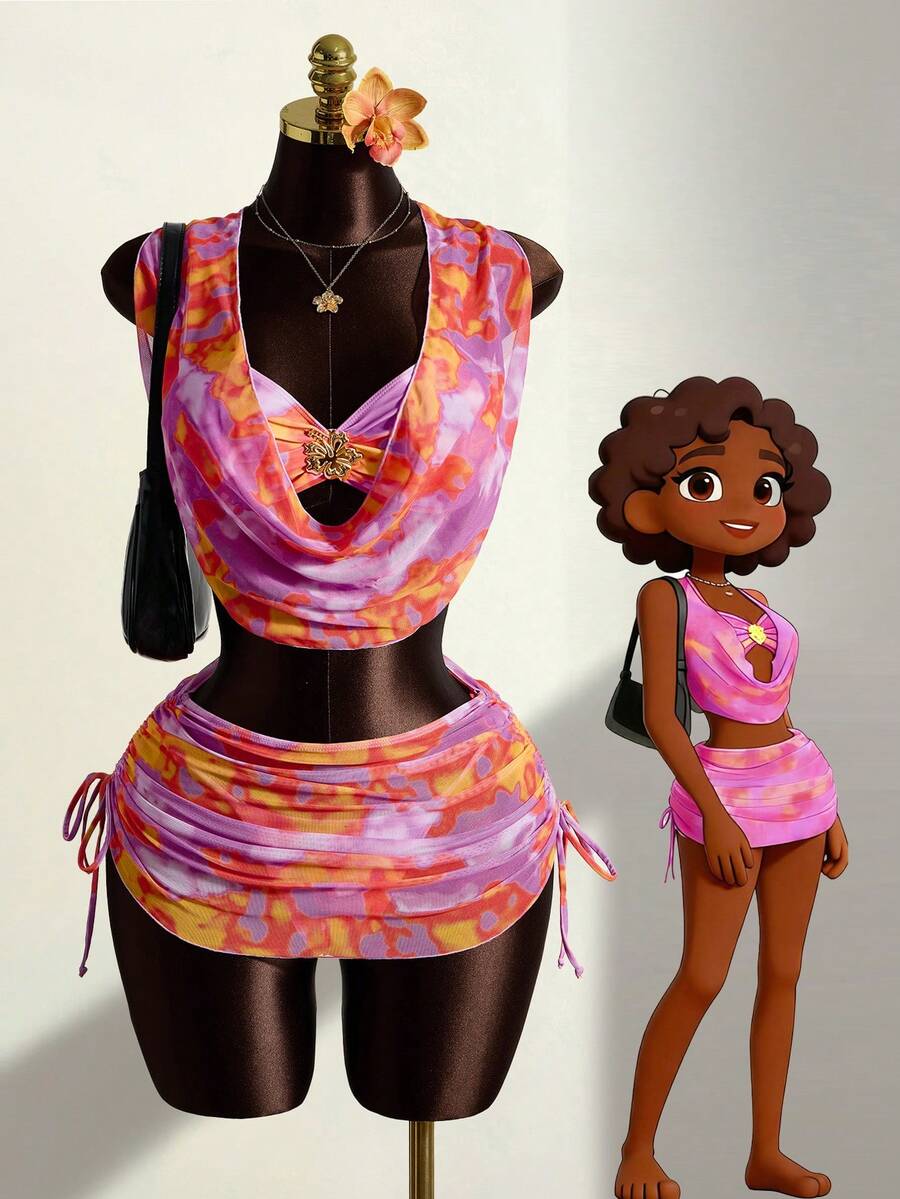 Zestiva Bộ bikini nữ in họa tiết tie-dye, thích hợp cho kỳ nghỉ biển, tiệc tùng, lễ hội, đồ bơi mới. - Nhiều màu - Xem 1