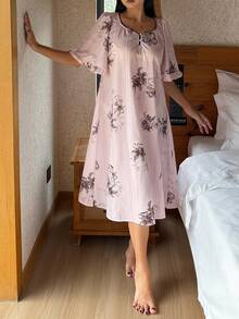 DAZY Floral Print Loose A-Line Women Nightgown - Pink - View 8