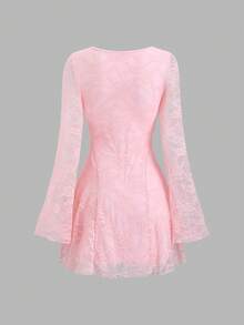 Sweetra Y2K Sexy Square Neck Pleated Flare Sleeve Versatile Commuter Dress - Pink - View 2