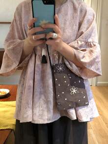 FRIFUL Women's Floral Pattern Round Neck Flare Sleeve Loose Casual Babydoll Blouse - Pink - View 6