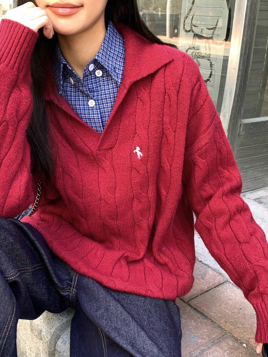 DAZY V-Neck Cable Knit Sweater For Women, Embroidered Collar Design, Loose Fit, Autumn/Winter - Burgundy - View 1