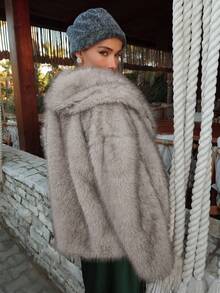 DAZY Women's Elegant Faux Fur Collar Jacket, Autumn/Winter - Light Grey - View 4