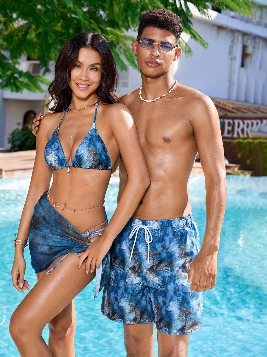 Manfinity VDAYZ 男士度假蝴蝶印花抽绳腰带口袋沙滩短裤 - 彩色 - 查看 1