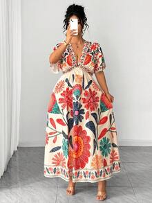 Elenzga 大码女士优雅褶皱面料连衣裙，印花长裙，适合正式场合、度假、派对、毕业典礼、情人节、音乐节、母亲节、万圣节、感恩节、复活节、国庆节、舞会、约会、婚礼、户外活动等场合。 - 紅色 - 查看 9