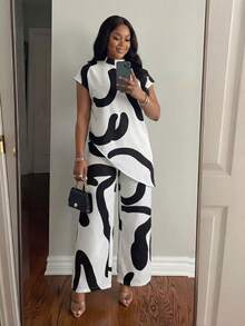 SHEIN Lady CURVE Bộ 2 món áo tay ngắn in họa tiết cổ đứng viền bất đối xứng cỡ lớn kèm quần ống rộng - Đen và trắng - Xem 3