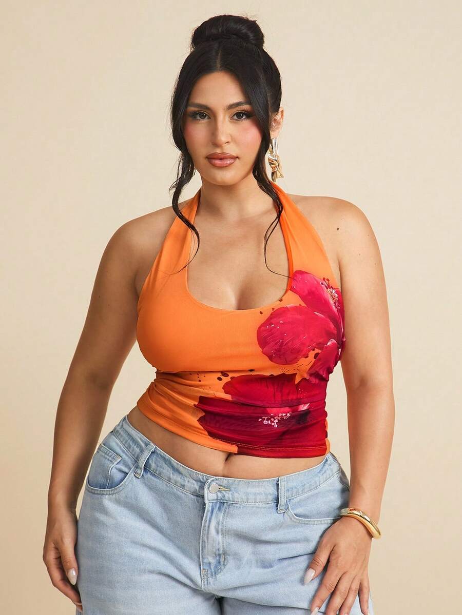 SHEIN BAE Áo nữ cỡ lớn cổ yếm họa tiết hoa mùa hè/ Áo dự lễ hội âm nhạc/ Áo đi biển, Áo đen/ Áo in hoa màu cam/ Áo mùa hè, Áo ngày Valentine - Nhiều màu - Xem 1
