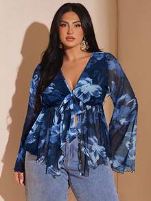 SHEIN BAE 大码女式春夏花卉印花网眼喇叭袖衬衫 - 藏蓝色 - 查看 3