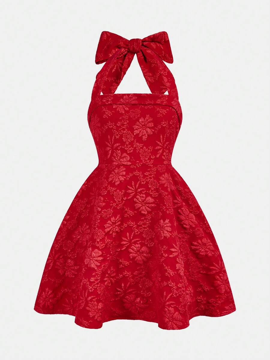 Girlism 少女红色提花露背蝴蝶结优雅连衣裙 - 紅色 - 查看 1