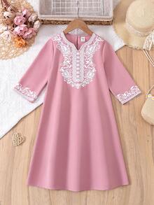 SHEIN Young Girl New Loose Casual Round Neck Retro Pattern Long Sleeve Pink Long Dress, Middle Eastern Traditional Long Robe Dress Abaya Jalabiya - Pink - View 7