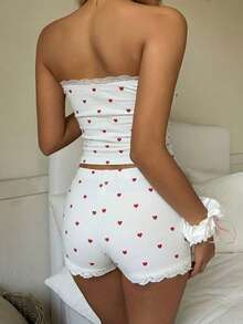 CovetEZ Bộ 2 món, hàng mới về năm 2026, kiểu dáng ôm sát, in hình trái tim, phối ren, gồm áo không tay và quần short, thích hợp cho kỳ nghỉ hè. - Nhiều màu - Xem 2