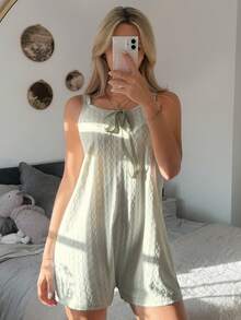 DAZY Áo hai dây và quần short dệt kim Jacquard thoải mái dành cho nữ, bộ đồ ngủ liền thân. - trắng - Xem 3