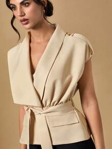 Briarwyn Women's Casual Commuter Asymmetrical Collar Belted Jacket - Apricot - View 7