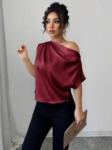 SHEIN Glamour 女士缎面不对称荷叶边露肩上衣，优雅休闲，适合派对、工作、日常穿着，春夏皆宜。 - 酒紅色 - 查看 6
