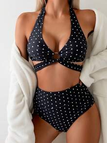 Swim Basics Women's Tropical Polka Dot Print Bikini 2 Pieces Bikini Set Set, Casual Holiday - Black and White - View 5