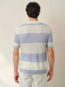 Manfinity Homme Áo polo nam tay ngắn cài khuy cổ tay phối màu tương phản, kiểu dáng thường ngày, chất liệu dệt kim gân sọc, áo sơ mi dệt kim nam, trang phục nghỉ dưỡng mùa hè cho nam giới. - Xanh và trắng - Xem 3