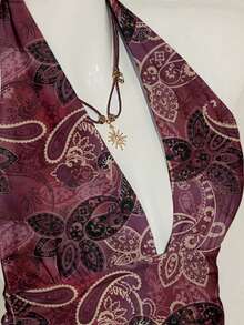 SHEIN ICON Halter Deep V-Neck Cinched Waist A-Line Backless Vintage Style Tank Top Vacation - Multicolor - View 7