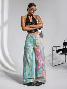 Jeanoix 女士时尚扎染印花阔腿牛仔裤 - 粉色 - 查看 6