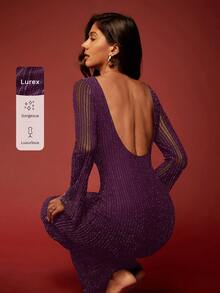 Opulessa 1pc Black Backless Flare Sleeve Round Neck Sexy Long Sleeve Dress,For Party