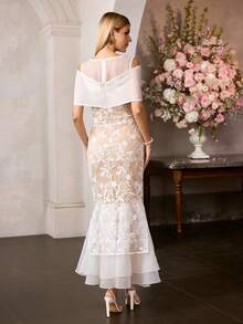 MOTF Soiréza Đầm maxi dự tiệc cổ tròn thanh lịch dành cho nữ, phối ren organza, dáng đuôi cá ôm sát, hoàn hảo cho đám cưới, dạ hội và tiệc sinh nhật. - trắng - Xem 3