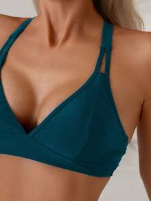 SHEIN Swim 女士纯色交叉后背带简约休闲比基尼上衣泳装上衣内置胸罩比基尼上衣三角比基尼上衣蓝绿色比基尼上衣女士文胸上衣内置胸罩蓝绿色文胸三角文胸 - 水鴨藍 - 查看 4