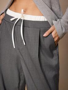 Maija Graphic Women's Gray Striped Straight Leg Casual Pants, Double Waistband, Urban Style Going Out Women Wide Leg Pants Grey Pants Pants Suit Pinstripe Pants Grey Two Piece Set Spring Outfit Women Loose Pants Valentine's Day Vacation Outfits Women Spring To Summer - Grey - View 2