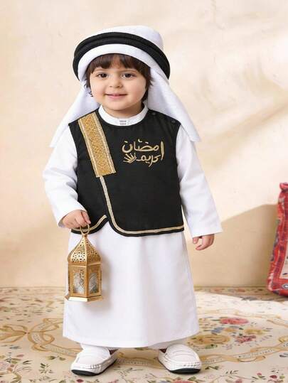 SHEIN 2pcs Newborn Baby Boy Vintage Style Cute Black Patchwork Gold Ribbon Decor Vest & White Robe Set, Suitable For Formal Occasions, Birthday Party, Rave, Evening Party, Performance, Wedding, Baby Shower, Christening And 1st Birthday Celebration