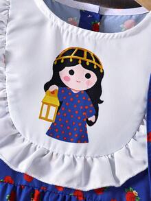 SHEIN 女婴连衣裙，0-3岁，单肩设计，花朵图案，白色荷叶边领口，中间印有卡通女孩图案，袖口和下摆采用褶皱设计，整体可爱甜美。增添甜美气息，适合户外活动、家庭聚会等场合。春秋季穿着正合适。 - 藍色 - 查看 5