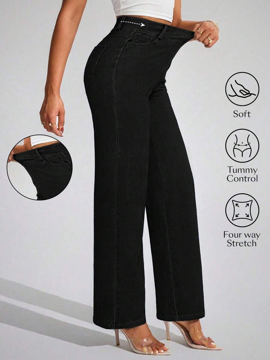 Flexra 女士休闲高腰舒适牛仔裤，百搭日常穿着 - 黑色 - 查看 1
